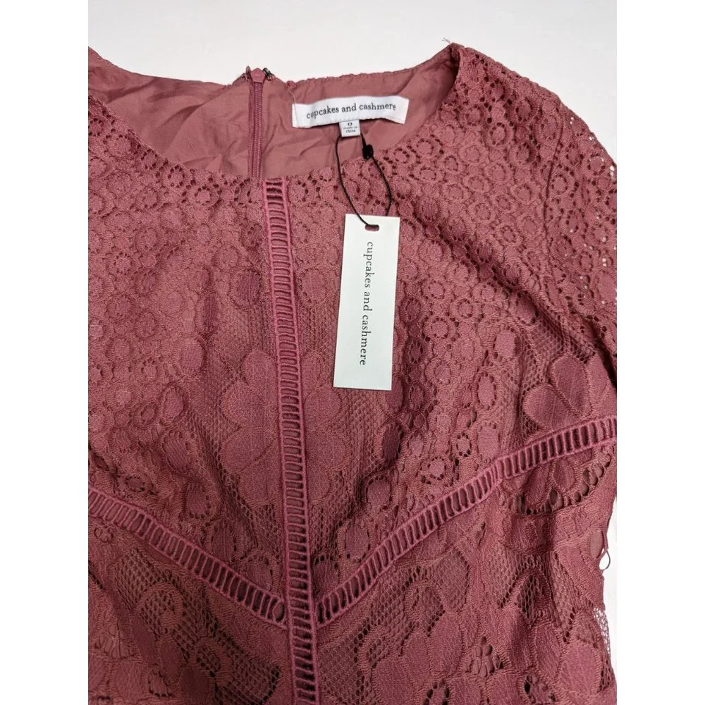 Cupcakes & Cashmere Mini Dress Makenna Rose Pink Lace Long Sleeve Bodycon Boho 0 - Picture 3 of 6